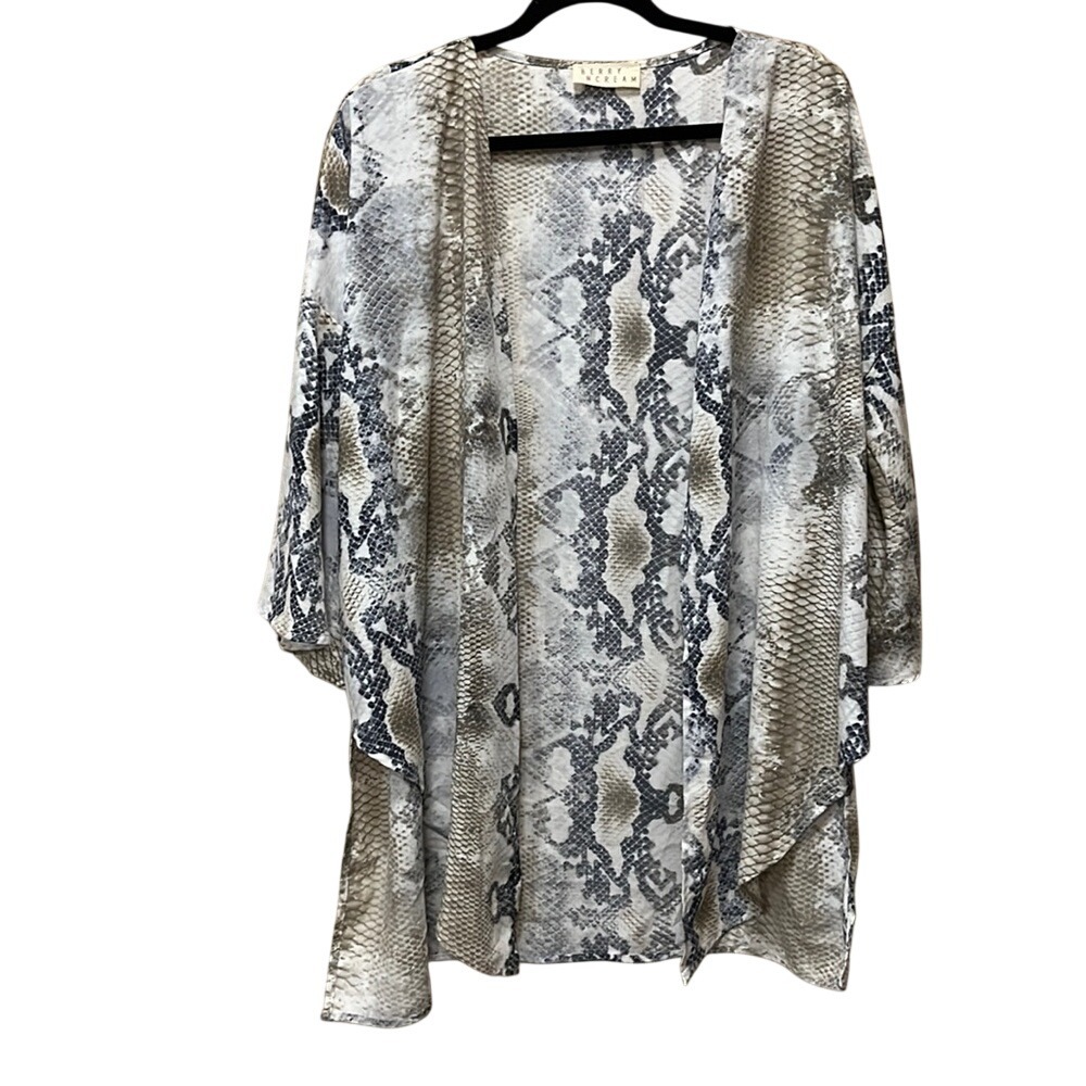 Berry Ice Cream Snakeskin Kimono Cardigan Womens XL Grey Tan Open Front